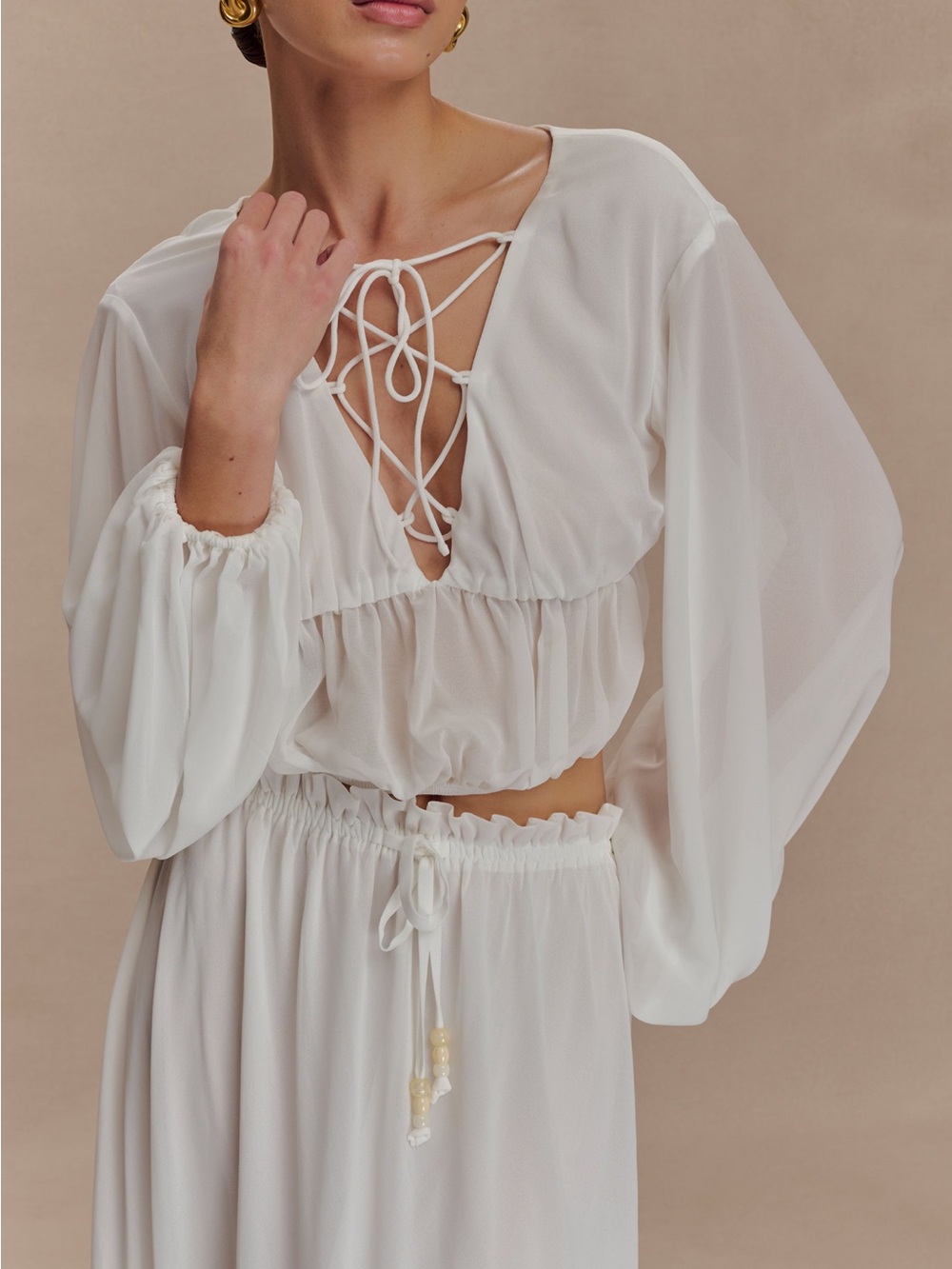 Meshki White Lace-Up Sheer top